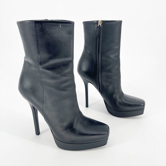 Gucci Black Leather Square Toe Platform Stiletto Heeled Ankle Bootie size EU 39 - Picture 1 of 12